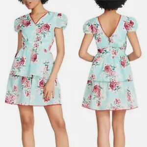 Betsey Johnson Floral V-Neck Dress with Puff Sleeves Medium